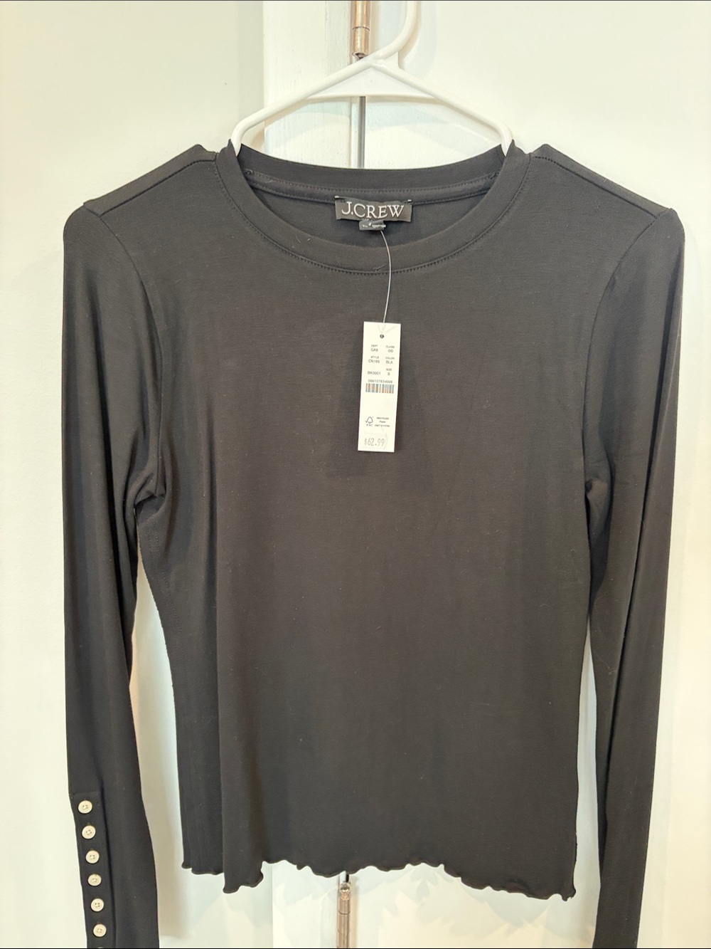 J. Crew Black Long-Sleeve Crewneck Top with Button Cuff Detail